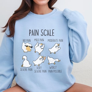 May include: Light blue sweatshirt with a pain scale graphic featuring a series of cartoon geese with different expressions. The text reads "Pain Scale", "No Pain", "Mild Pain", "Moderate Pain", "Severe Pain", "Very Severe Pain", and "Worst Pain Possible".