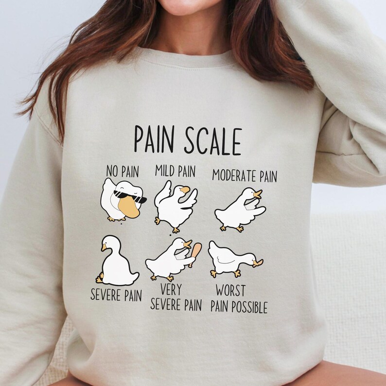 May include: A beige sweatshirt with a pain scale graphic featuring a series of cartoon ducks in various poses. The text reads "Pain Scale" with the levels of pain labeled "No Pain", "Mild Pain", "Moderate Pain", "Severe Pain", "Very Severe Pain", and "Worst Pain Possible".