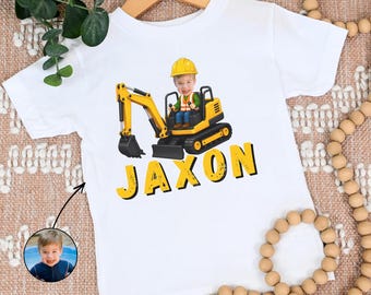 Personalized Construction Birthday Shirt Custom Kids Name Tshirt Bday Boy Gift Truck Themed Party Custom Photo Cutout Toddler Back To School