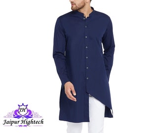 Men&#39;s Wear Trail Cut Kurta Royal Cotton Long Shirt | Traditional Party Wear Button Down Kurta | Handmade Ethnic Asymmetric Formal Kurta