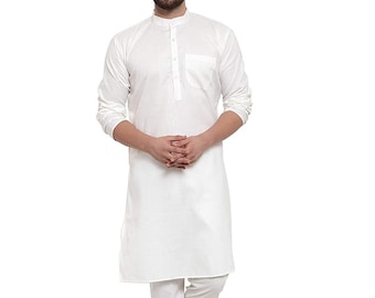 Indian Bollywood Designer White Cotton Straight Kurta For Men | Handmade Button Down Comfortable Kurta Traditional Ethnic Wear Tunic For Man