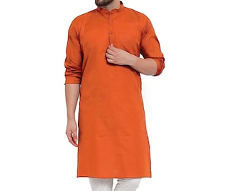 Men’s Wear Handmade Cotton Orange Kurta For Men | Wedding Party Wear Ethnic Kurta Indian Outfit | Comfortable Nightwear Apparel For Men