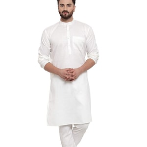Indian Bollywood Designer White Cotton Straight Kurta For Men | Handmade Button Down Comfortable Kurta Traditional Ethnic Wear Tunic For Man