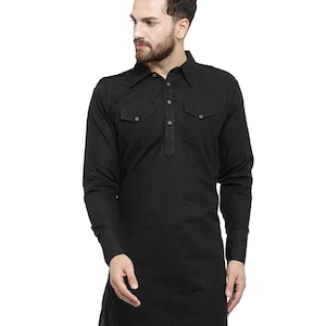 Handcrafted Black Cotton Kurta Tunic For Men | Celebrations Wear Comfortable Men&#39;s Shirt Top | Traditional Indian Ethnic Wear Men&#39;s Clothing