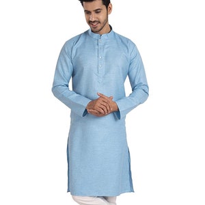 Navy Blue Silk Brocade Punjabi Men s Kurta Pajama Silk Men s Long