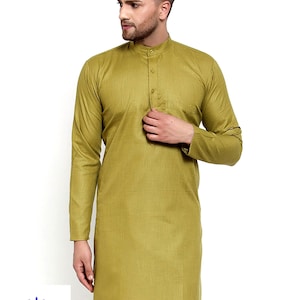 Authentic Olive Green Cotton Men’s Wear Long Shirt Traditional Kurta | Wedding Party Wear Comfortable Indian Costumes Handmade Kurta For Men
