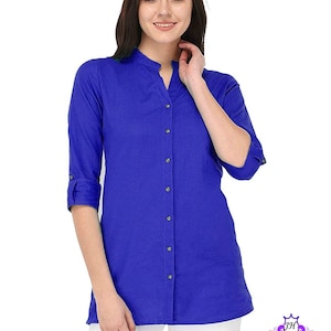 Indian Handmade Party Wear Button Down Shirt For Women | Solid Royal Blue Cotton 3/4 Sleeve Designer Blouse Tunic Short Kurti