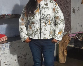 Handmade Cotton Floral Printed Quilted Reversible Jacket For Women | Forest Print Off White Quilted Stylish Winter Jacket Coat For Woman