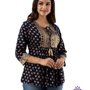 Indian Traditional Beautiful Tunic For Women | Navy Blue Rayon Floral A-Line Blouse | Elegant Design Ethnic Wear Short Kurta Summer Shirt