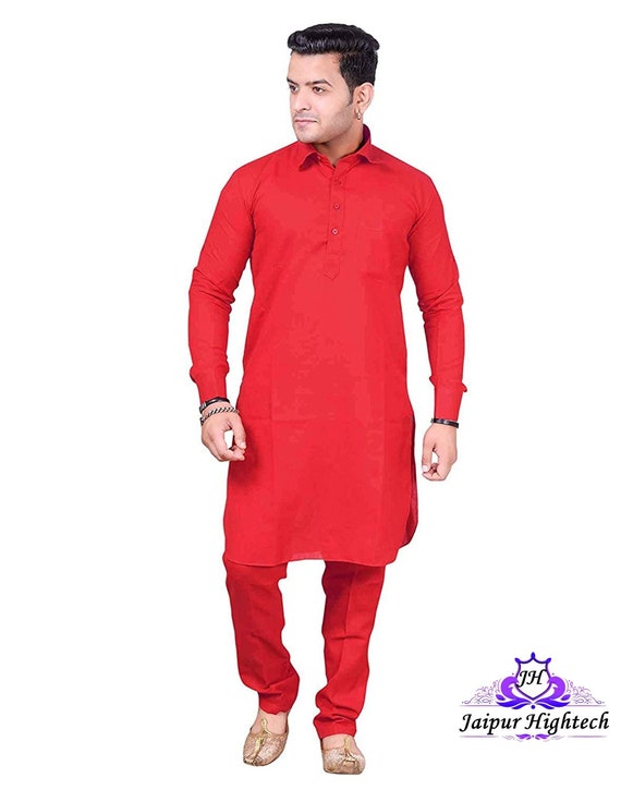 Ropa tradicional india para hombres Kurta Pijama Rojo sólido - Etsy España
