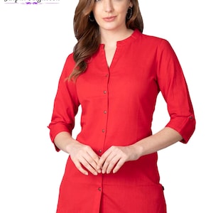 Handmade Stylish Red Cotton Shirt For Women | Classic Button Front Design Blouse | Button-Up Fashion Essential Tunic Tops