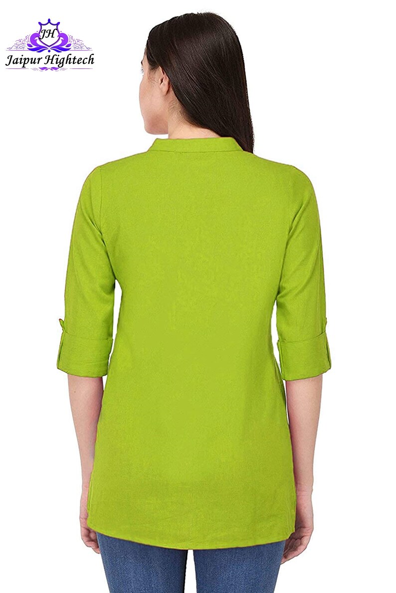 Parrot Green Cotton Button-down Women's Short Kurta Handmade Daily Wear ...