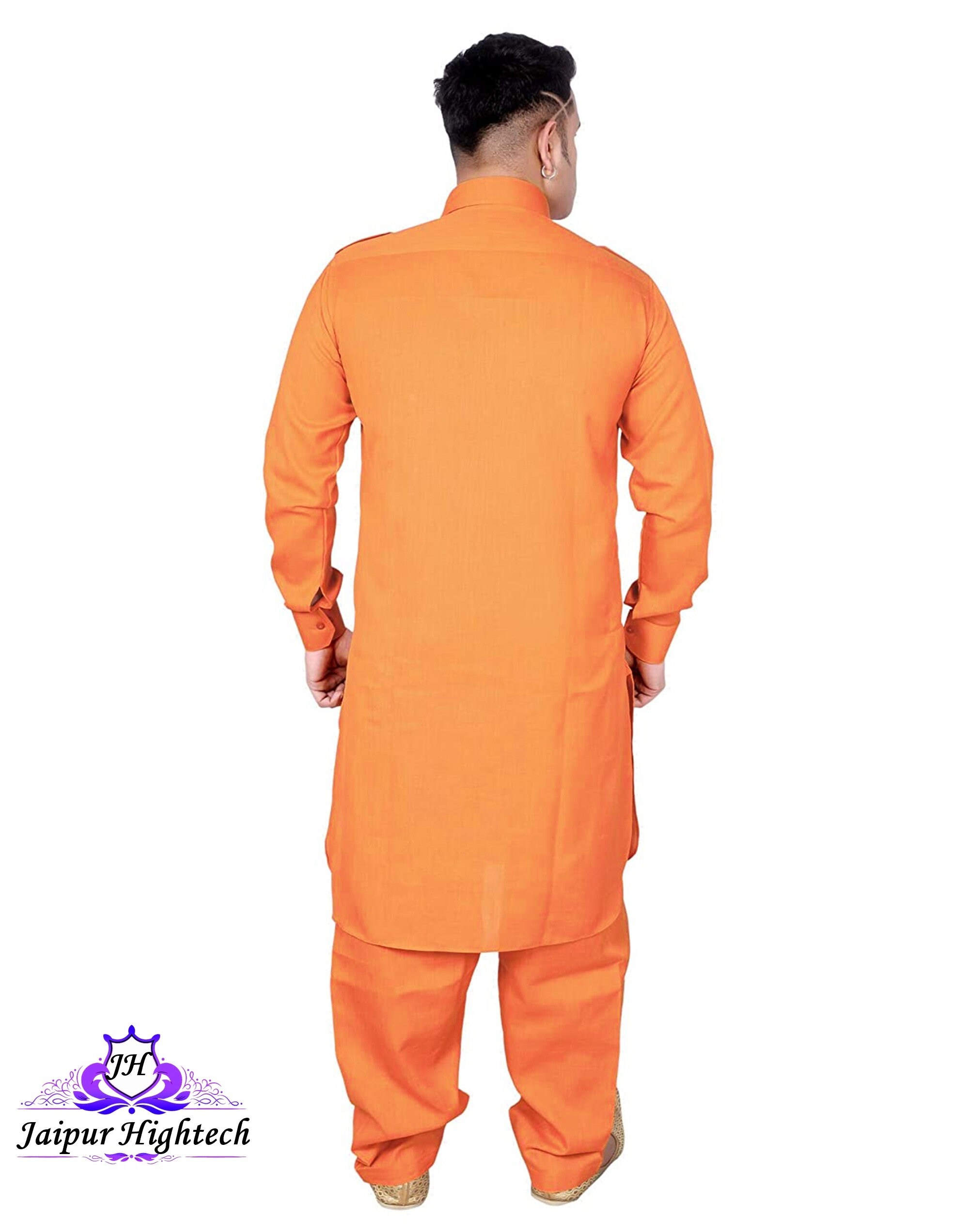Plain Cotton Solid Orange Designer Pathani Kurta Pajama Party Wear Fashionable Modern Dress Indian Handmade Men’s Wear Pathani Suit
