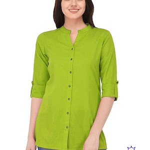Parrot Green Cotton Button-Down Women&#39;s Short Kurta | Handmade Daily Wear Stylish Tunic Tops | Long Sleeve Shirt Boho Chic Fashion Blouse