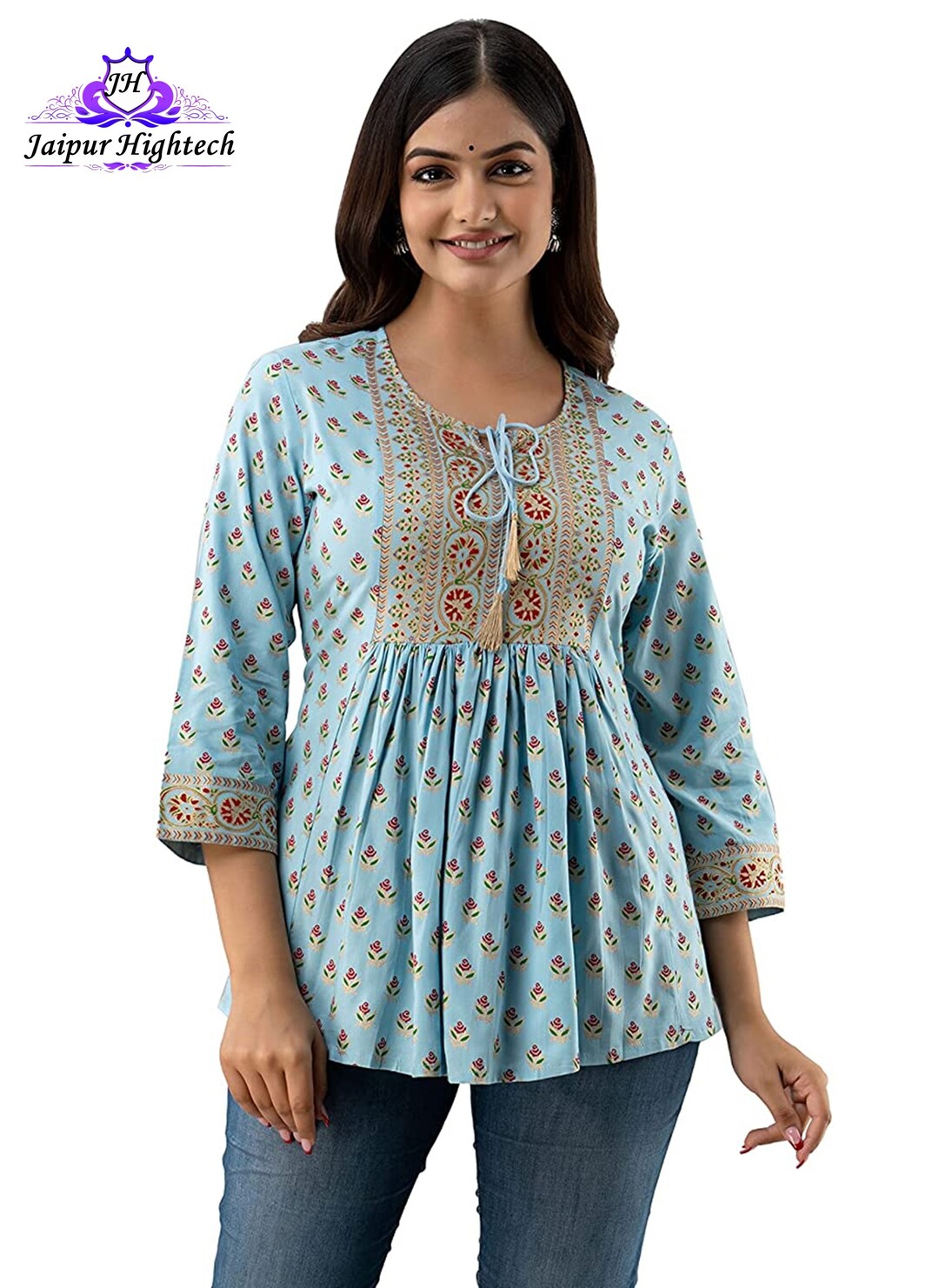 Chemisier court traditionnel à porter pour femme, Kurta, bleu ciel