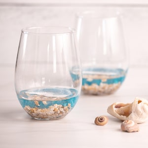 Stemless Wine Glasses, Beach House Kitchen, Wine Lovers Gift, Beachy Gifts, Dining room table beach decor, vacation home gift