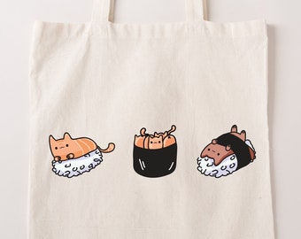 Kawaii Sushi Cat, Sushi Roll Tote Bag, Cat Tote Bag, Eco Cotton Everyday Tote