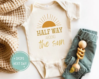 Cute Baby Onesies® Brand Half Way Around The Sun Baby Shirt Baby Clothes Baby Announcement Baby for Boys and Girls Tee Half One Baby 1633