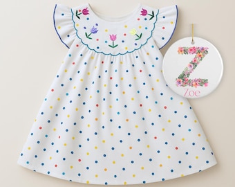 Embroidered Tulips Dress with Custom Ornament, Cute Floral Polka Dot Cotton Dress, Baby Girl Ruffle Sleeve, Birthday Girl Flower Dress