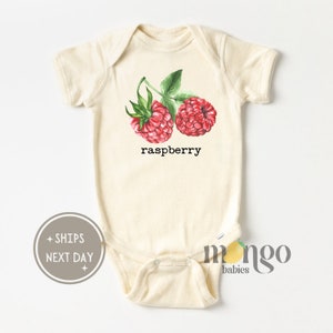 May include: A cream-colored baby onesie with a watercolor illustration of two red raspberries and the word "raspberry" printed in black.