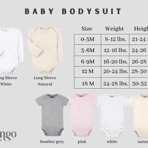Peut inclure: Un tableau des tailles pour des bodys b&eacute;b&eacute; de diff&eacute;rentes couleurs et longueurs de manches. Le tableau indique les tailles de 0 &agrave; 3 mois &agrave; 18 mois, avec les poids et tailles correspondants en livres et en pouces.