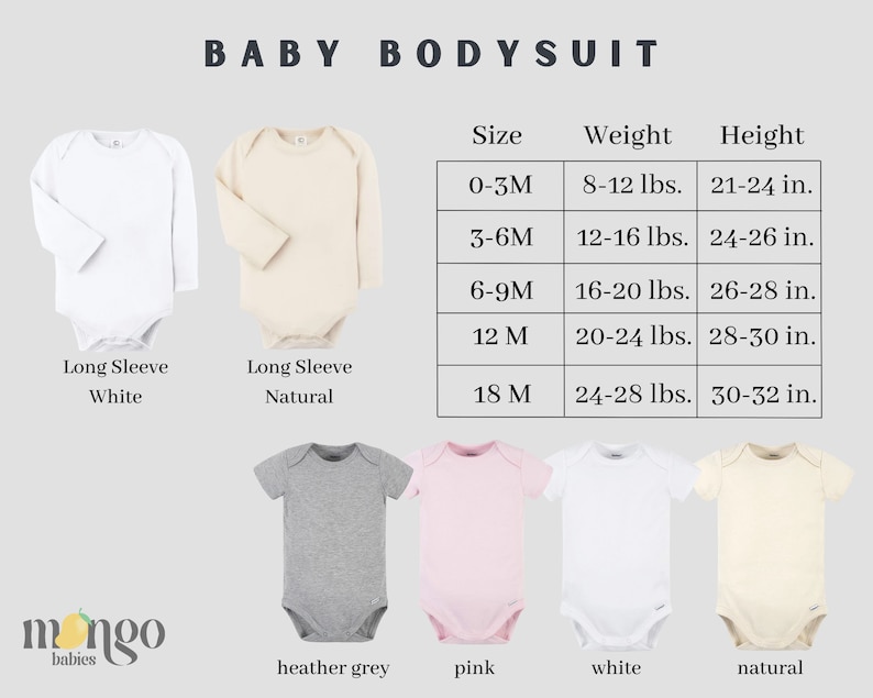 Peut inclure: Un tableau des tailles pour des bodys b&eacute;b&eacute; de diff&eacute;rentes couleurs et longueurs de manches. Le tableau indique les tailles de 0 &agrave; 3 mois &agrave; 18 mois, avec les poids et tailles correspondants en livres et en pouces.