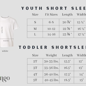 May include: Size chart for youth and toddler short sleeve shirts. The chart shows sizes, fit sizes, weight, length, and width in inches. The chart is white with black text.