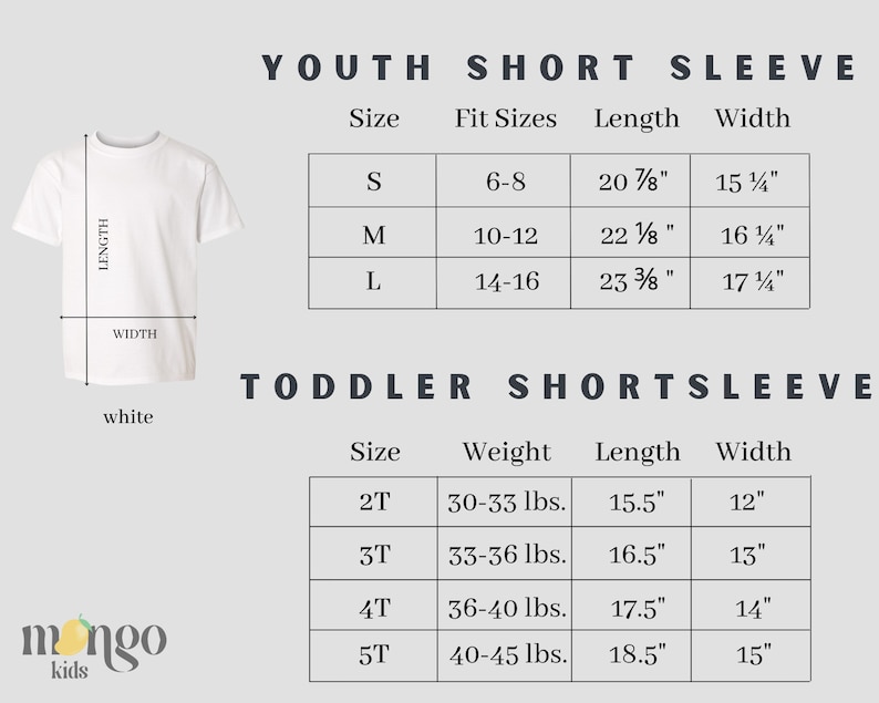 May include: Size chart for youth and toddler short sleeve shirts. The chart shows sizes, fit sizes, weight, length, and width in inches. The chart is white with black text.
