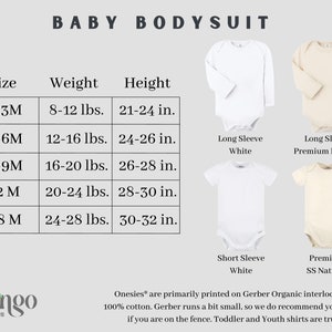 K&ouml;nnte beinhalten: Gr&ouml;&szlig;entabelle f&uuml;r Baby-Bodysuits mit Ma&szlig;en in Zoll und Pfund. Die Tabelle zeigt Gr&ouml;&szlig;en von 0-3 Monaten bis 18 Monaten. Die Tabelle zeigt auch das entsprechende Gewicht und die entsprechende Gr&ouml;&szlig;e f&uuml;r jede Gr&ouml;&szlig;e. Die Tabelle wird von Bildern von zwei Bodysuits begleitet, einem wei&szlig;en mit langen &Auml;rmeln und einem naturfarbenen mit langen &Auml;rmeln.