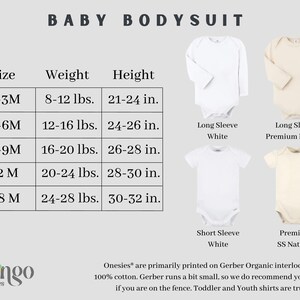 May include: Size chart for baby bodysuits in sizes 0-3 months to 18 months. The chart shows the corresponding weight and height for each size. The bodysuits are available in white with short or long sleeves and in premium natural with long sleeves.