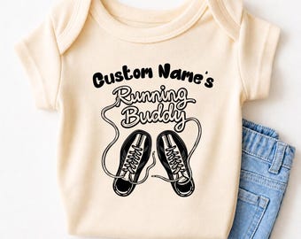 Running Buddy Custom Baby Bodysuit, Personalized Baby Shower Gift, Runner Outfit, Gift for Running Lovers