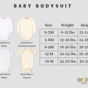May include: Image of baby bodysuits in white and natural colors, with long and short sleeves. A size chart shows sizes 0-3M to 18M, with corresponding weight and height in inches.