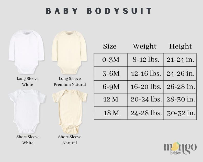 May include: Image of baby bodysuits in white and natural colors, with long and short sleeves. A size chart shows sizes 0-3M to 18M, with corresponding weight and height in inches.