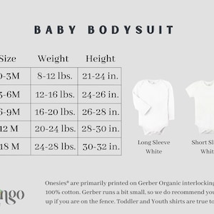 May include: Size chart for baby bodysuits in white with long and short sleeves. The chart shows sizes from 0-3 months to 18 months with corresponding weight and height measurements in pounds and inches.