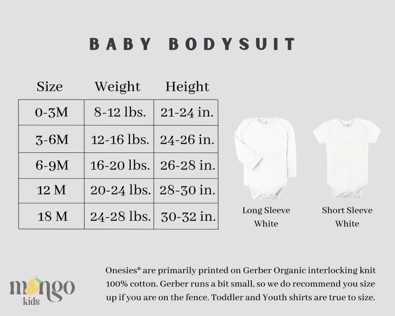 May include: Size chart for baby bodysuits in white with long and short sleeves. The chart shows sizes from 0-3 months to 18 months with corresponding weight and height measurements in pounds and inches.