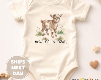 New Kid in Town Goat Baby Bodysuit, Farm Animal Outfit, Natural Cotton Baby Clothes