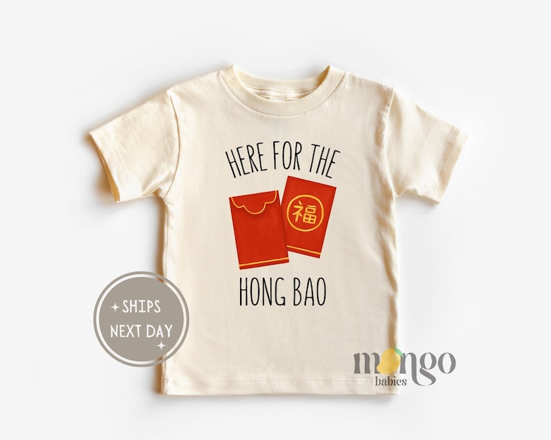 A cream-colored shirt with two red envelopes on it and black text above and below them