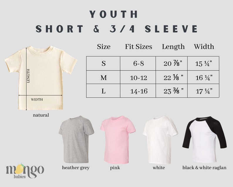 Peut inclure: Tableau des tailles pour t-shirts pour enfants &agrave; manches courtes et 3/4. Le tableau indique les tailles S, M et L avec les tailles correspondantes, les longueurs et les largeurs. L'image montre &eacute;galement cinq couleurs de t-shirts diff&eacute;rentes&nbsp;: naturel, gris chin&eacute;, rose, blanc et noir et blanc raglan.