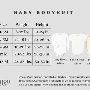 Puede incluir: Tabla de tallas de body para beb&eacute; con medidas de peso y altura en libras y pulgadas. La tabla muestra tallas de 0 a 3 meses a 18 meses. La tabla tambi&eacute;n muestra tres estilos diferentes de bodies: manga larga blanca, manga corta blanca y natural premium.