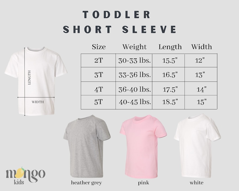 以下が含まれることがあります： インチとポンドで測定された幼児用半袖Tシャツのサイズチャート。チャートには、2T、3T、4T、5Tのサイズが表示されています。チャートには、各サイズに対応する体重、長さ、幅も表示されています。画像には、ヘザーグレー、ピンク、ホワイトの3種類のTシャツも表示されています。