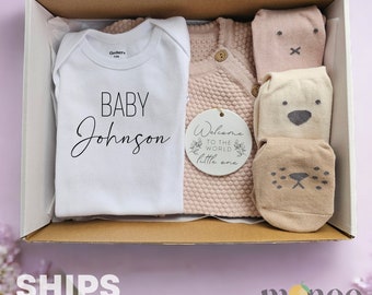 Gift Set for Newborn Gift Ideas Set of Baby Bodysuit Sweater Set and Baby Socks - Personalized Ornament for Baby Name Custom Baby Gifts 2091