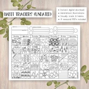May include: Black and white printable habit tracker with illustrations of various objects, including a rainbow, a cup of coffee, a book stack, and a plant. The tracker is divided into days of the week and includes spaces for a monthly mantra and areas of focus.