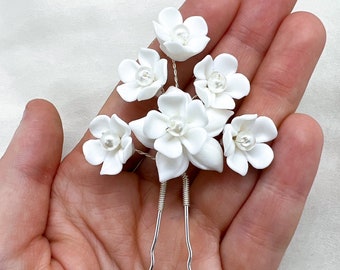 Porcelain Flower Bridal Hair Pin, Ceramic Wedding Bridal Pearl Hair Piece, Bridesmaid Accessories, Silver Hair Pin, UK