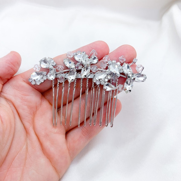 Silver Bridal Hair Comb, Crystal Leaf Wedding Bridal Gem Hair Piece, 7cm Hair Pin, Bridesmaid Accessories UK