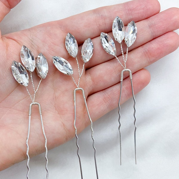 Silver Bridal Hair Pins, Wedding Leaf Crystal Hair Accessories, Bridesmaid Floral Hair Ideas, Prom Hair Grips, Bride Jewellery Bobby Pins