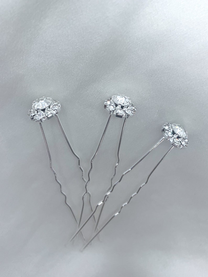 Silver Bridal Hair Pins, Wedding Gem Hair Accessories, Handmade Bridesmaid Flower Girl Headpiece, Minimal Wedding, UK image 1