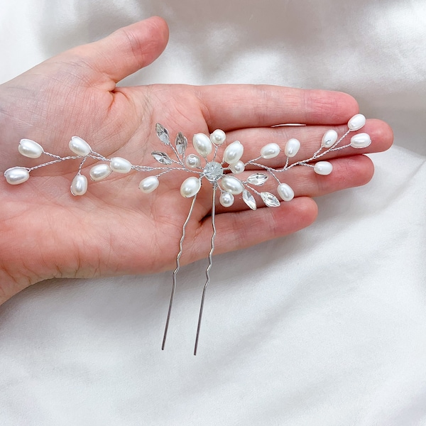 Pearl Bridal Hair Pin: Silver Wedding Headpiece