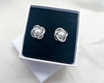 Sterling Silver Pearl Zircon Twist Earrings, Minimalist Bridal Studs