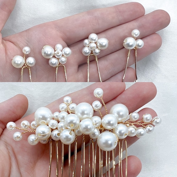 Pearl Bridal Hair Pin Comb Set, Wedding Bridal Pearl Hair Piece, Bridesmaid Accessories, Gold Hairpin, UK