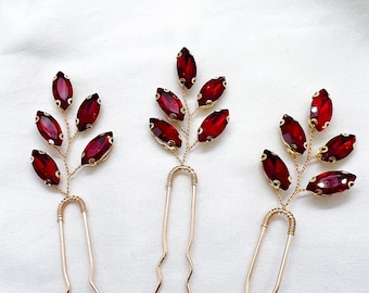 Red Bridal Hair Pins, Ruby Wedding Leaf Hair Accessories, Alternative Bride Bridesmaid Hair Flower Girl Headpiece, Minimal Wedding, UK